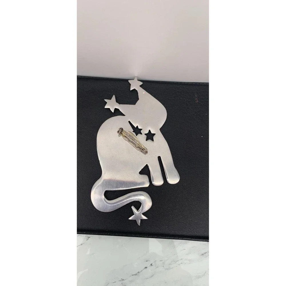 Vintage Handmade Artisan Large Silver Tone Cat Cat Lovers Celestial Brooch
